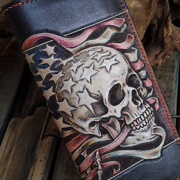 Handmade leather Biker trucker long American skull wallet leather  men Black Carved Tooled wallet