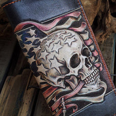 Handmade leather Biker trucker long American skull wallet leather  men Black Carved Tooled wallet