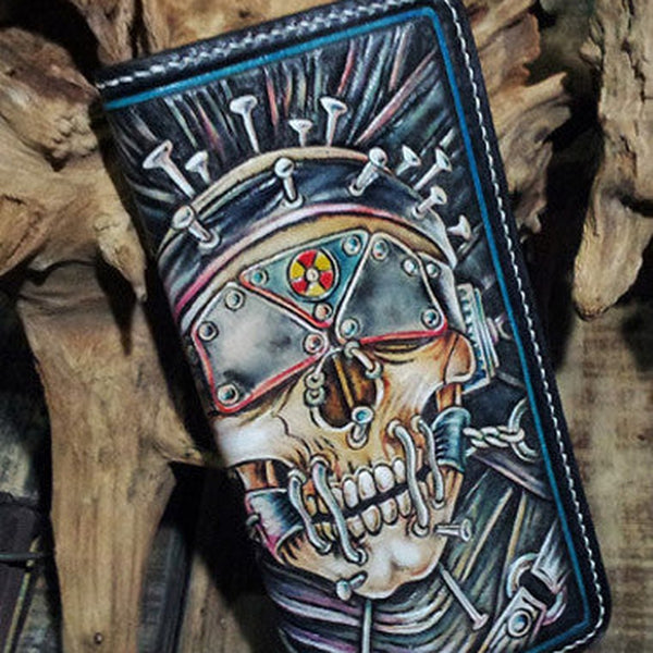 Handmade leather Biker trucker long Megadeth skull wallet leather men Black Carved Tooled wallet