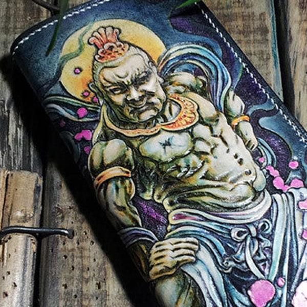 Handmade leather Biker trucker long The-arhat wallet leather men Black Carved Tooled wallet