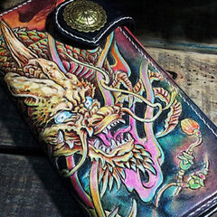 Handmade leather Biker trucker long Chinese dragon wallet leather  men Black Carved Tooled wallet