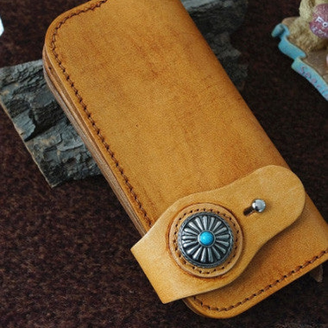 Handmade vintage leather tan biker wallet chian bifold Long wallet purse for men