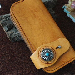Handmade vintage leather tan biker wallet chian bifold Long wallet purse for men