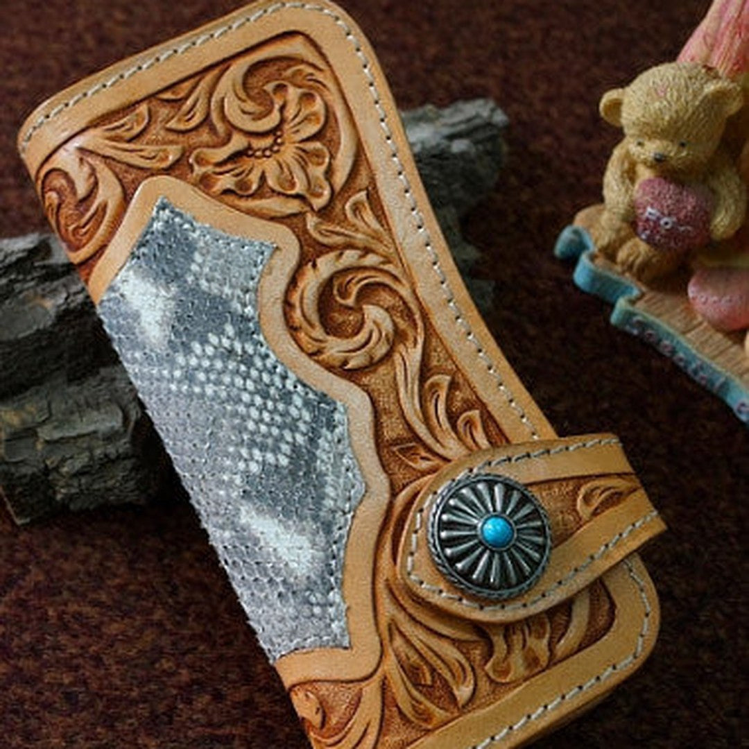 Handmade leather beige biker wallet floral carved chian bifold Long wallet purse for men