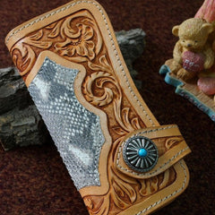 Handmade leather beige biker wallet floral carved chian bifold Long wallet purse for men