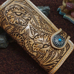 Handmade leather biker beige wallet floral carved chian bifold Long wallet purse for men