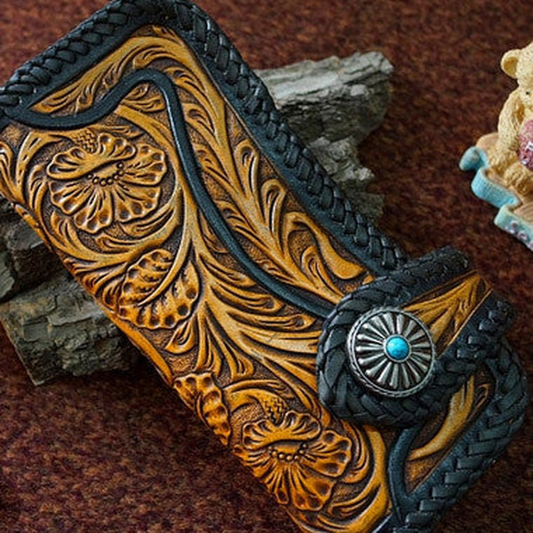 Handmade tan black floral men biker wallet chain leather Long wallet purse clutch for men