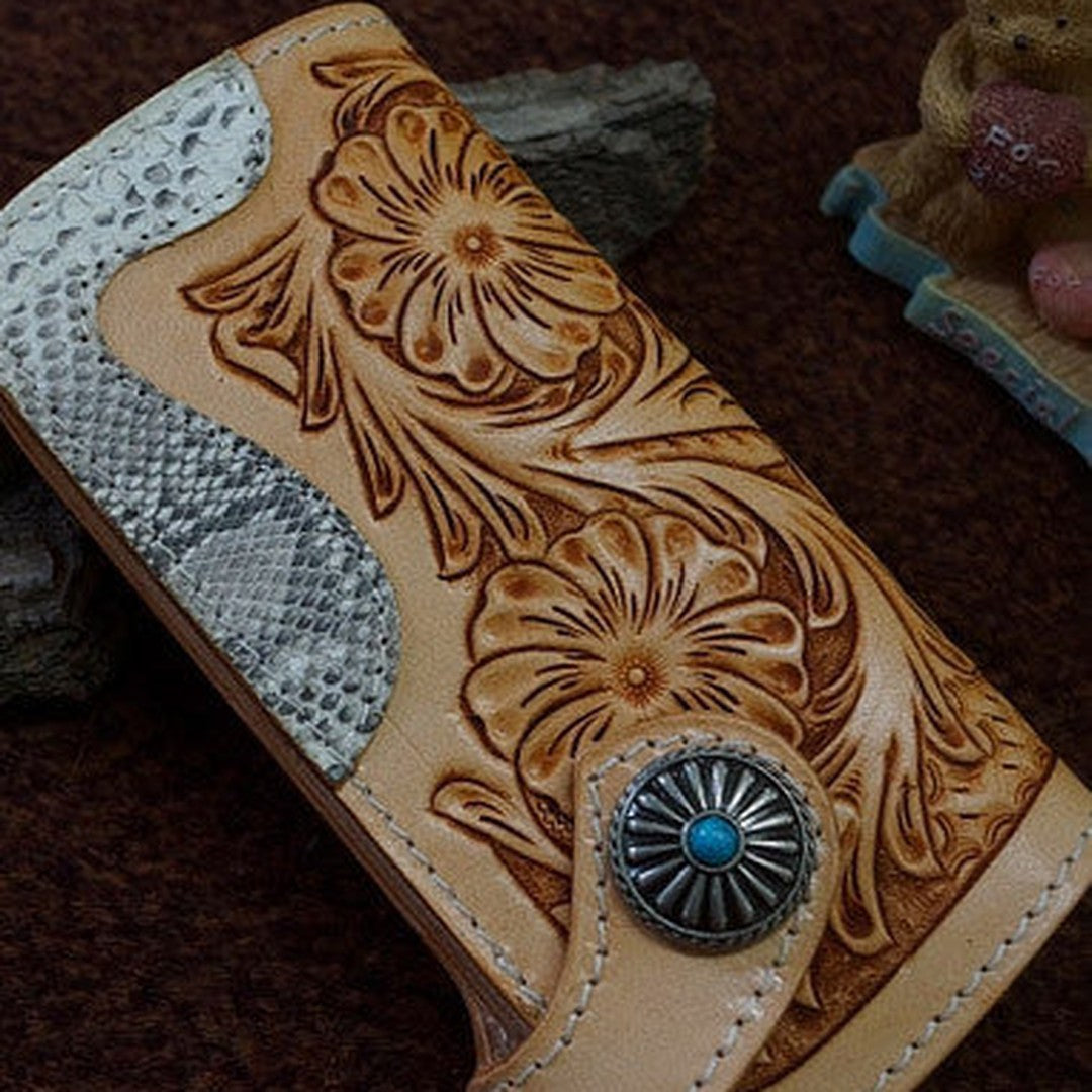 Handmade leather beige biker wallet floral carved chian bifold Long wallet purse for men