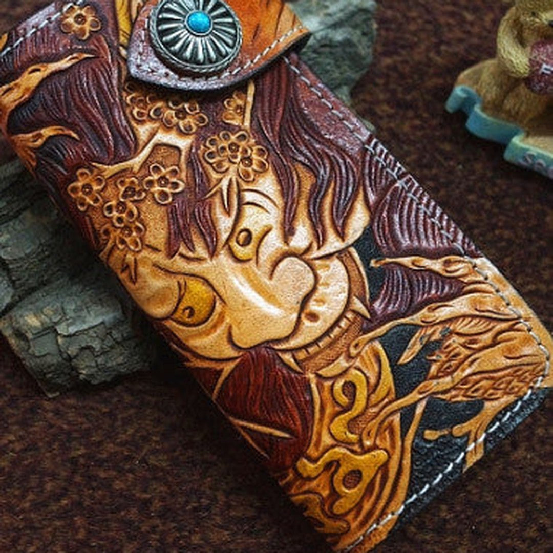 Handmade black color leather prajna carved biker wallet chain Long wallet clutch for men