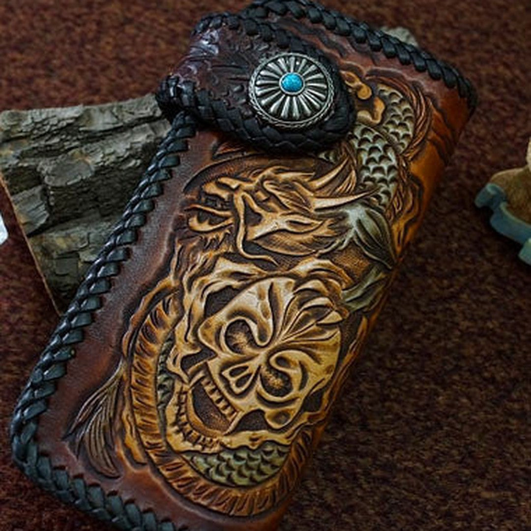 Handmade tan black leather Skull dragon carved biker wallet chain Long wallet for men