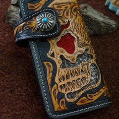 Handmade black tan leather punk skull carved biker wallet chain Long wallet  for men