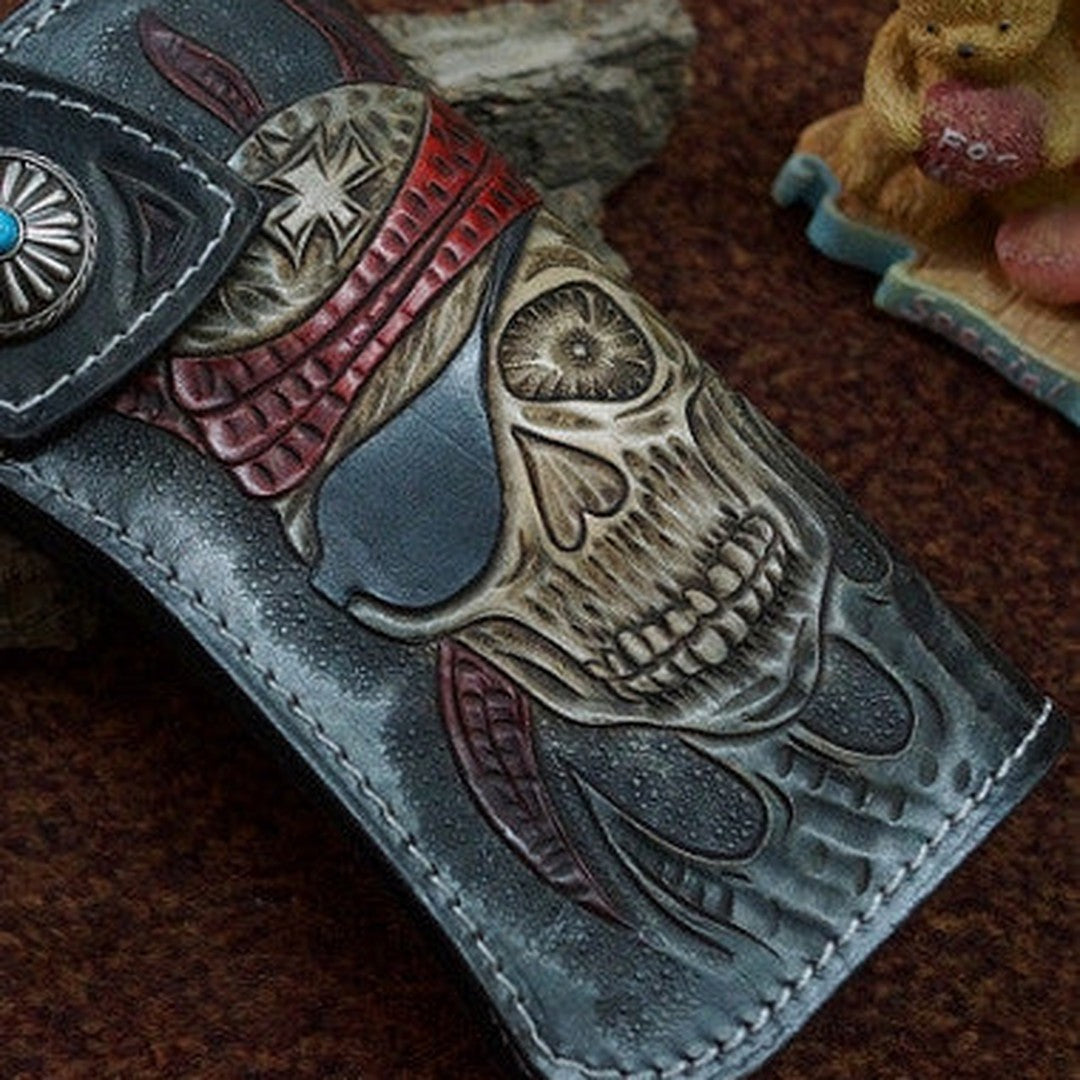 Handmade black leather punk skull carved biker chain wallet Long wallet clutch for men