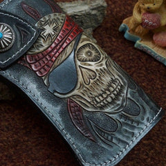 Handmade black leather punk skull carved biker chain wallet Long wallet clutch for men