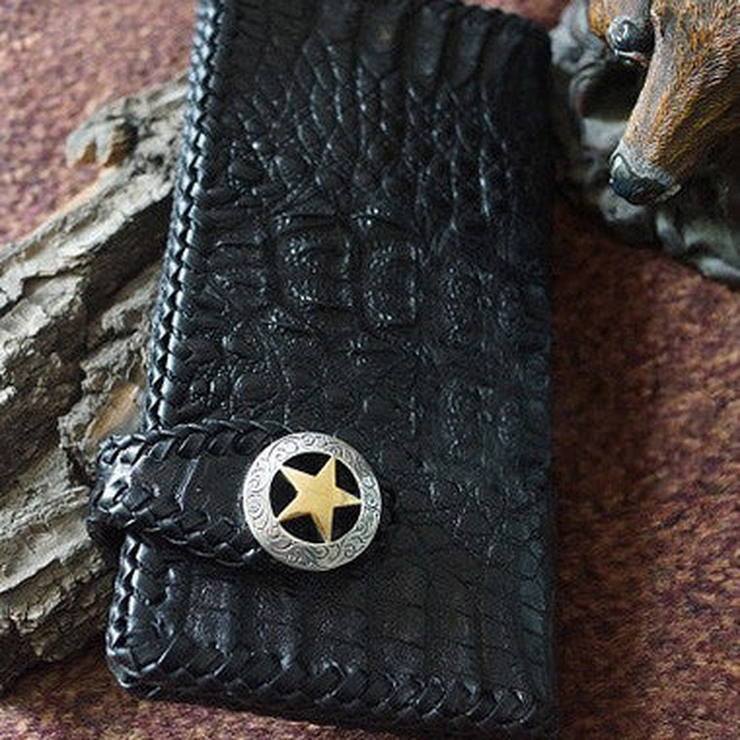 Handmade alligator skin crocodile leather black biker wallet Long wallet clutch for men