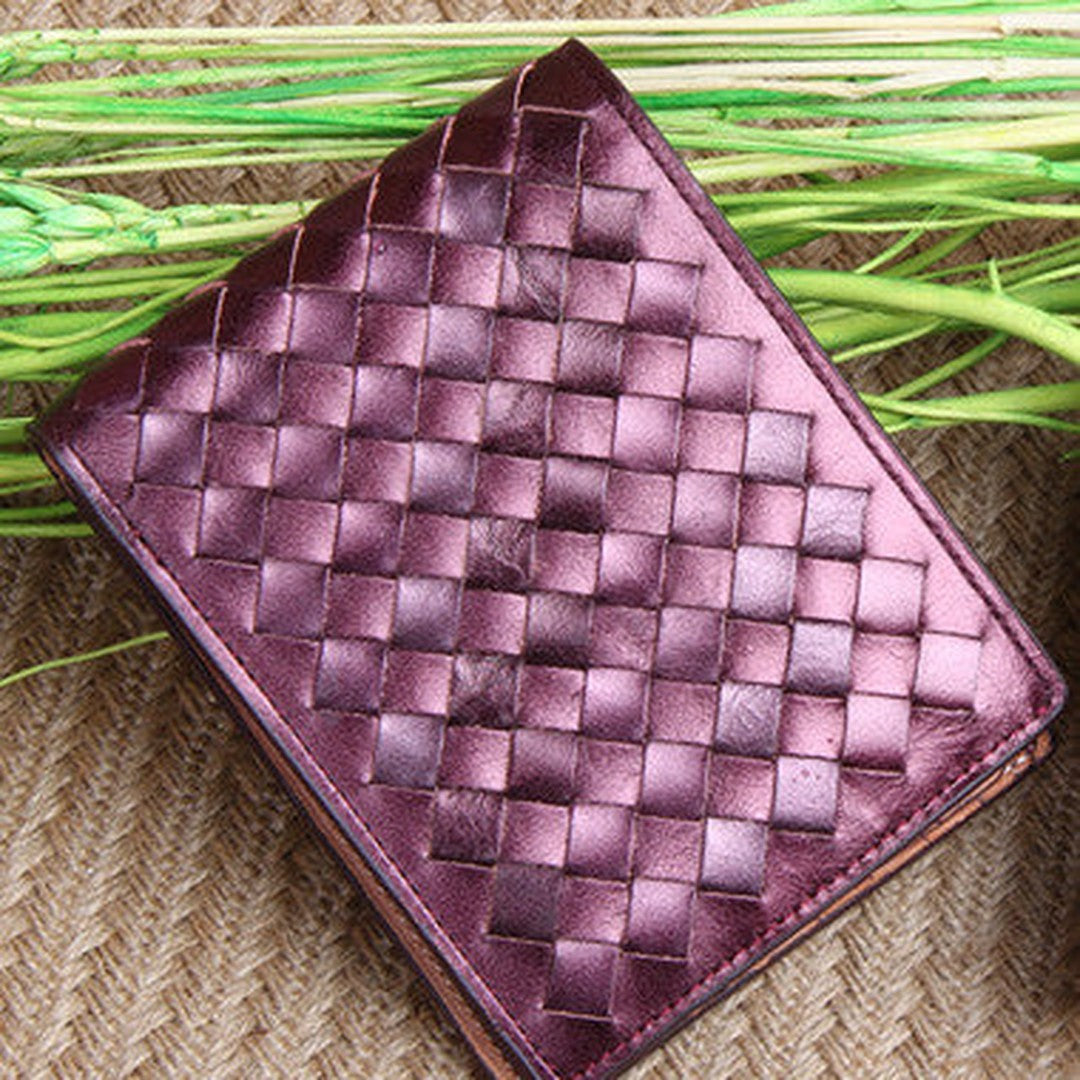 Handmade knit fashion leather billfold ID card photo holder bifold wallet for women/lady girl