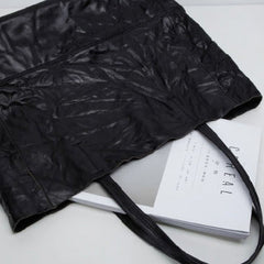 Black Leather Fashion Large Tote Bag Wrinkled Shopper Bag Shoulder Bag Purse For Women
