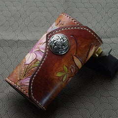Handmade key wallet leather vintage hand painting lily flower leather keys wallet for women/men