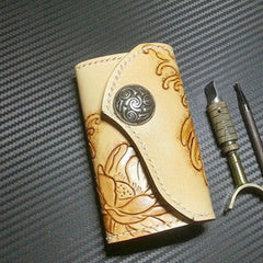 Handmade key wallet vintage carved flower&Cryprinus carpiod leather keys wallet for women/men