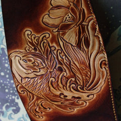 Handmade men wallet vintage flower&Cryprinus carpiod leather billfold wallet for women/men