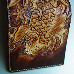 Handmade Leather Billfold Wallet for Men – Hand Carved Koi Fish Bifold with Hand Painted Colors