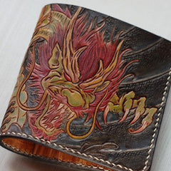 Handmade Carved Leather Billfold Wallet for Men – Hand Painted Azure Dragon Italian Veg-Tan