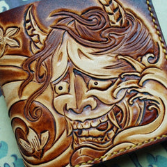 Handmade Carved Leather Billfold Wallet for Men – Hand Painted Prajna Mask Italian Veg-Tan