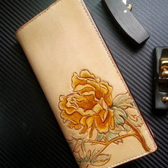 Handmade women leather wallet vintage hand carved tree peony leather long wallet for women