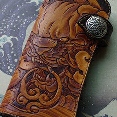 Handmade biker wallet vintage hand painting chinese lion leather biker wallet for men