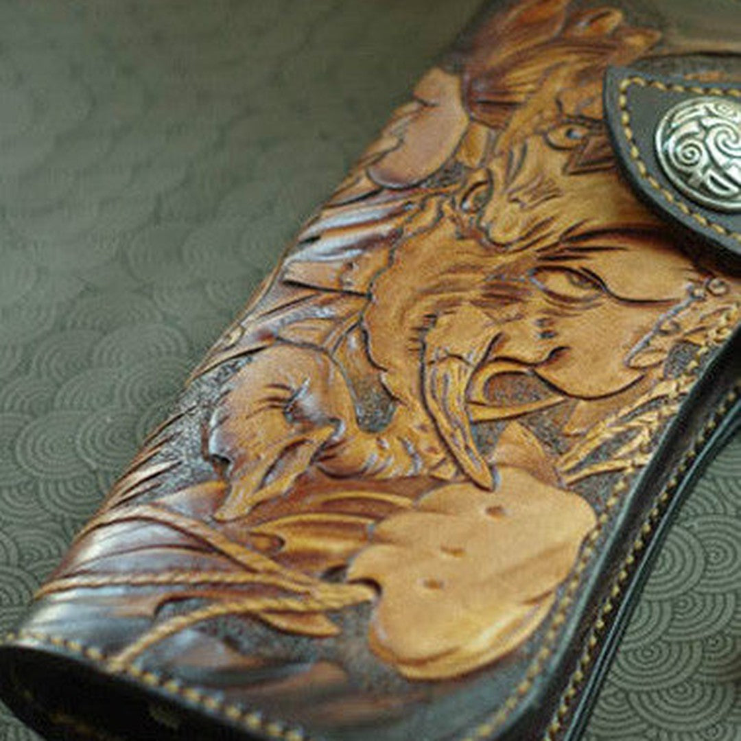 Handmade biker wallet vintage carved Ganesha&Cryprinus carpiod leather biker wallet for men