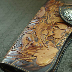 Handmade biker wallet vintage carved Ganesha&Cryprinus carpiod leather biker wallet for men