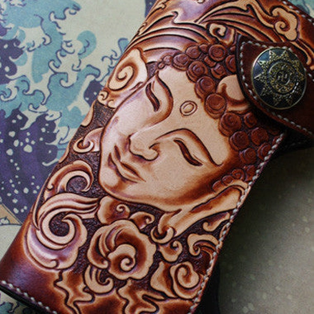 Handmade biker wallet vintage hand painting Sakyamuni leather biker wallet for men