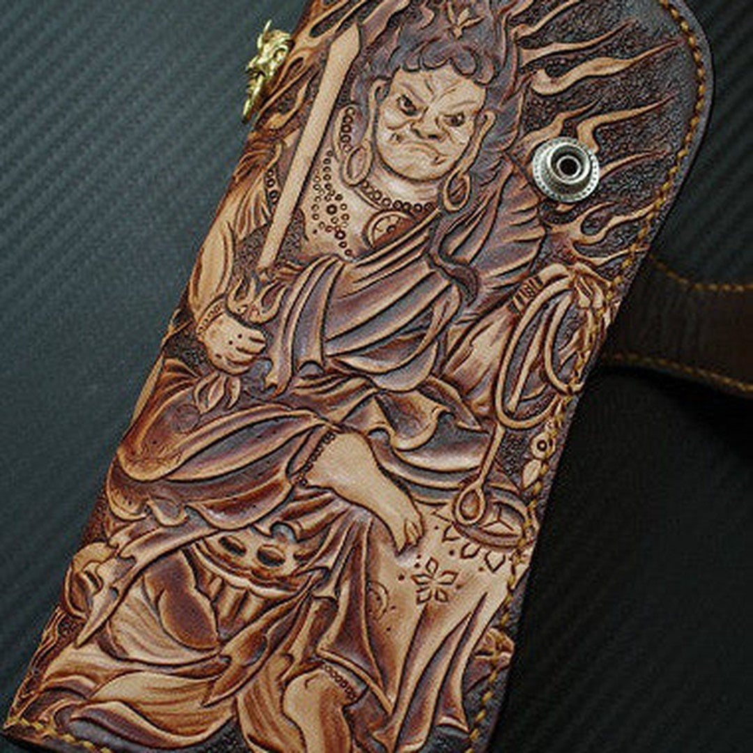 Handmade biker wallet vintage hand painting Acalanatha leather biker wallet for men