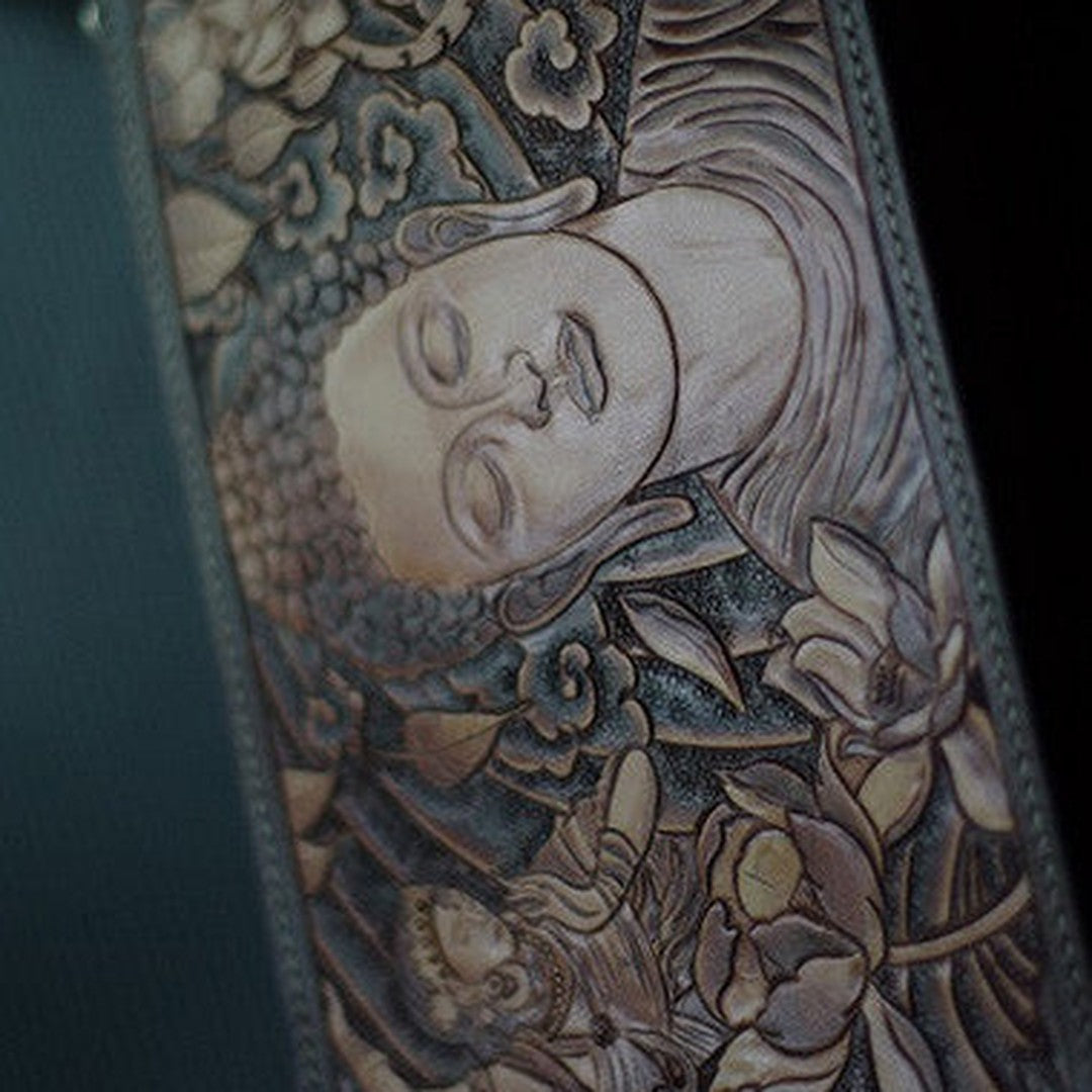 Handmade men clutch vintage hand painting carved Sakyamuni leather clutch bag for men