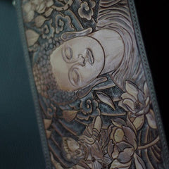 Handmade men clutch vintage hand painting carved Sakyamuni leather clutch bag for men