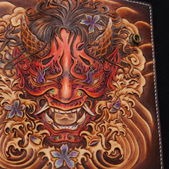 Handmade biker wallet coffee color carved prajna ghost leather long wallet for men
