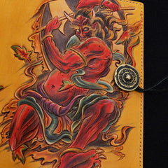 Handmade biker wallet yellow color carved thunder god leather long wallet for men