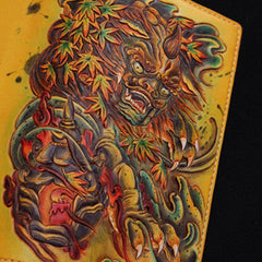 Handmade biker wallet yellow color carved Dance Tonlion leather long wallet for men