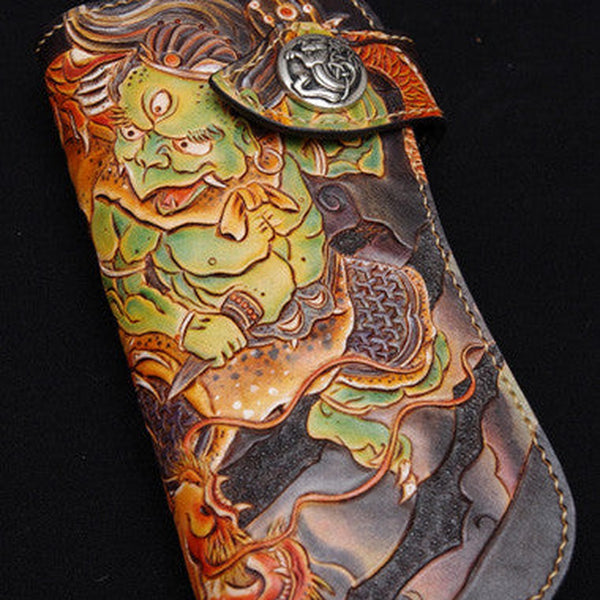 Handmade biker wallet black color carved dragon thunder god leather long wallet for men