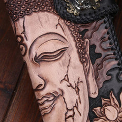 Handmade leather Long biker trucker wallet leather chain men Buddha black wallet