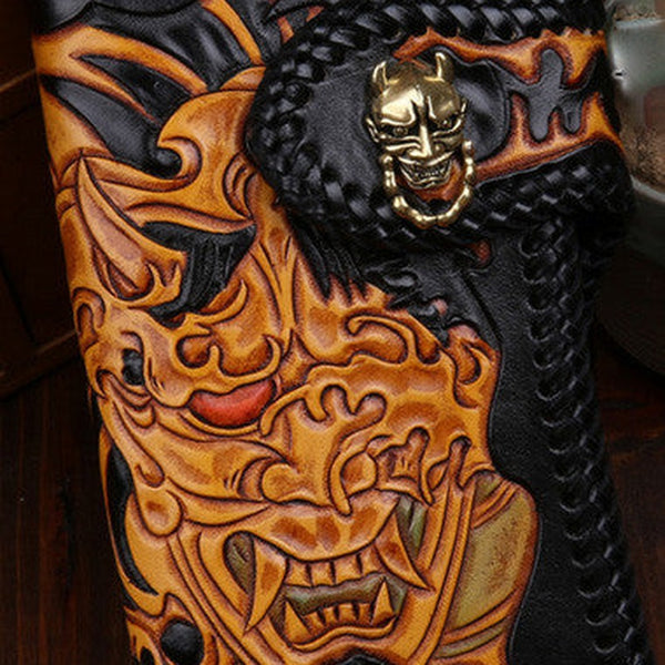 Handmade leather biker trucker wallet leather chain men prajna Black Carved Tooled wallet