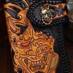 Handmade leather biker trucker wallet leather chain men prajna Black Carved Tooled wallet