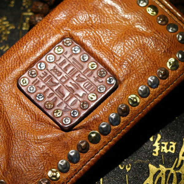 Handmade long wallet leather men rivet vintage clutch wallet for men