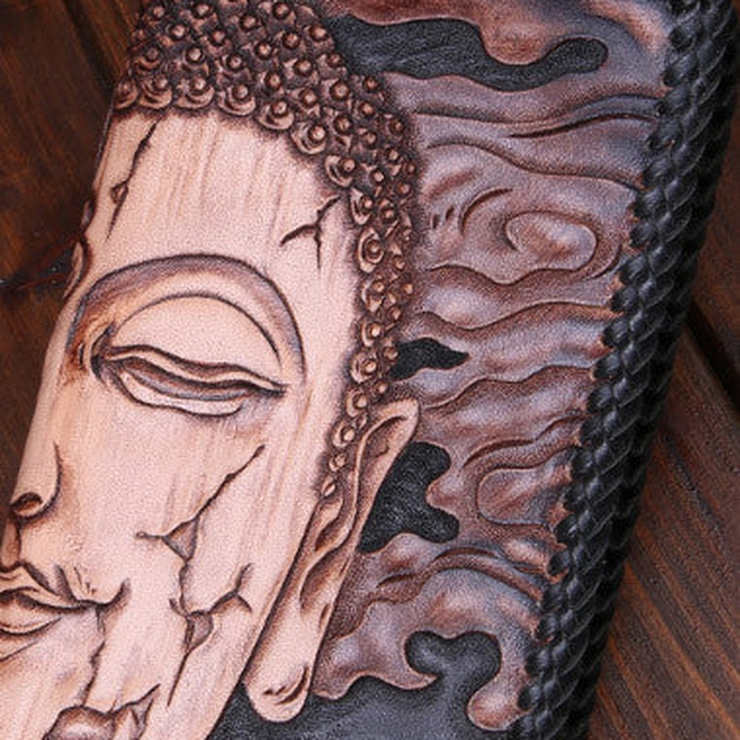Handmade leather clutch long wallet leather men Buddha black tooled wallet