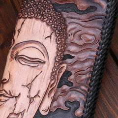 Handmade leather clutch long wallet leather men Buddha black tooled wallet
