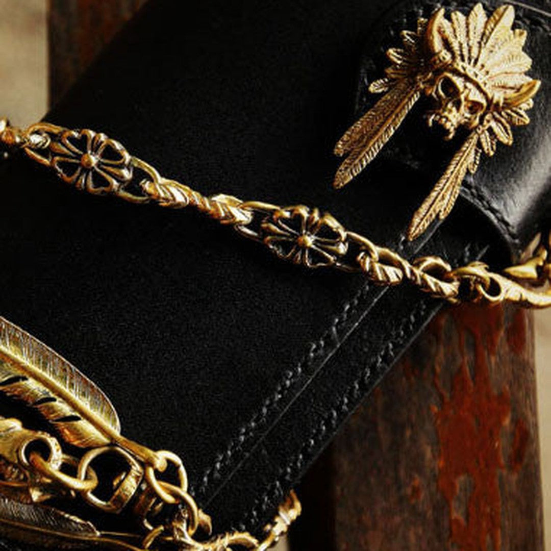 Handmade leather long biker trucker wallet black leather chain men wallet