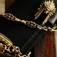 Handmade leather long biker trucker wallet black leather chain men wallet