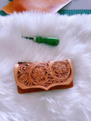 Handmade leather Beige Black floral wallet leather women men Long Wallet clutch Tooled wallet