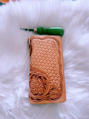 Handmade leather Beige Black floral wallet leather women men Long Wallet clutch Tooled wallet