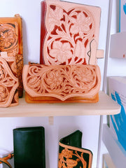 Handmade leather Beige Black floral wallet leather women men Long Wallet clutch Tooled wallet