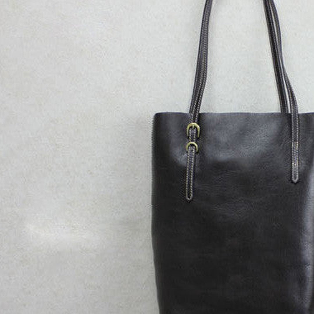 Handmade leather tote bag black coffee vintage shoulder bag shopper bag women
